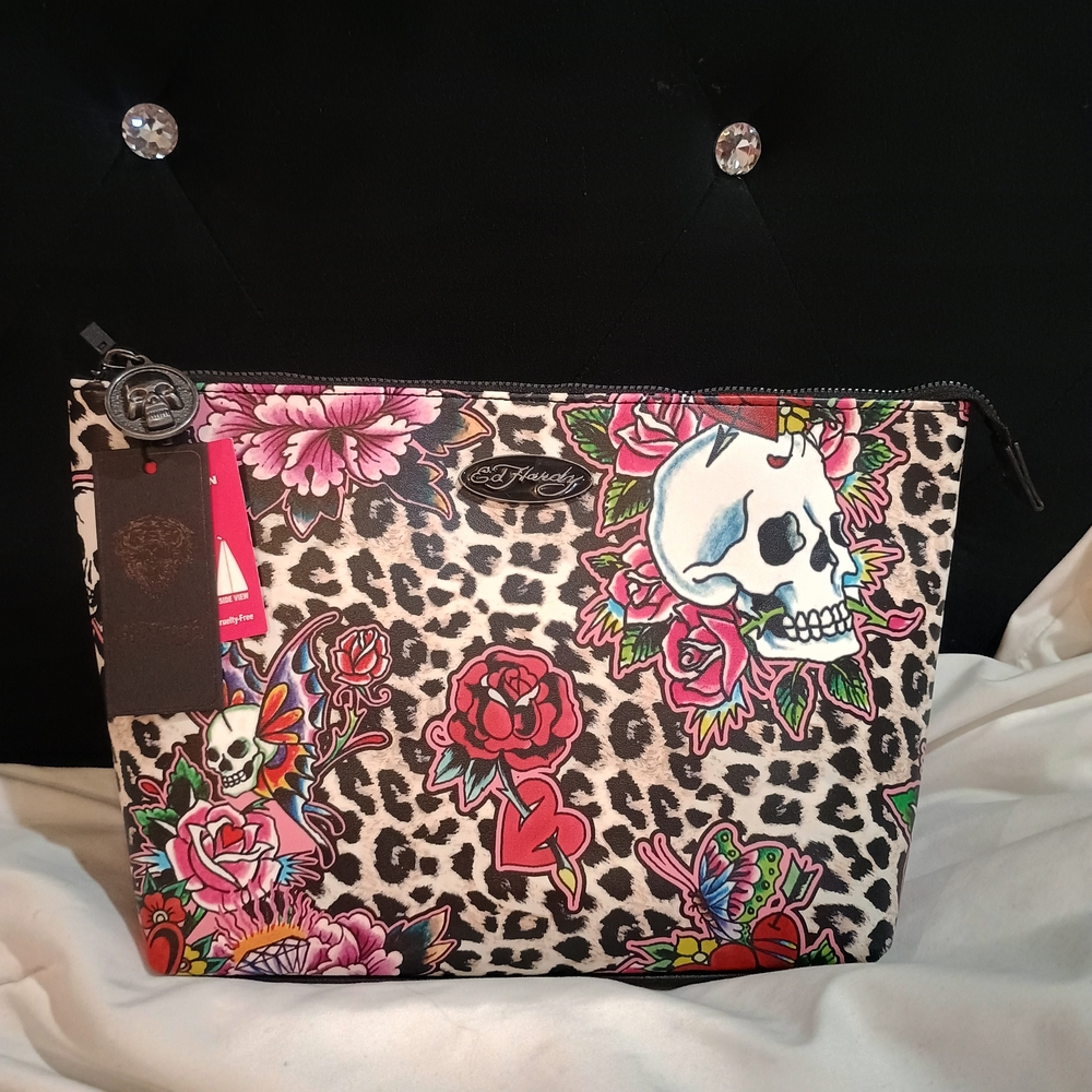 New Ed Hardy Leopard Print Cosmetic Bag with Skull and Floral Design Large